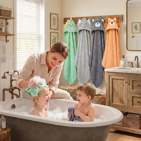 12 PCS Baby Bath Towels Set, Baby Towels for Newborn Bath Essentials | Ultra Soft Cozy, Thick & Absorbent, Cute Animal Hooded, 4 PCS Baby Towels & 8 PCS Washcloths, for Infants, Toddlers Boy Girl in Kuwait