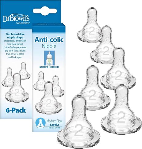 Dr. Brown’s Natural Flow Level 2 Narrow Baby Bottle Silicone Nipple, Medium Flow, 3m+, 100% Silicone Bottle Nipple, 6 Count in Kuwait