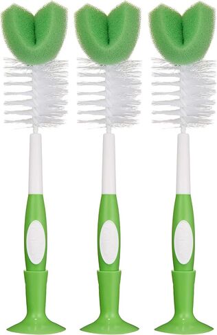 Amazon Brand - Mama Bear Baby Bottle Brush with Nipple Cleaner and Suction Cup Stand, White (Pack of 3) in Kuwait