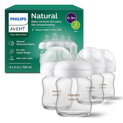 Philips Avent Natural Glass Baby Bottles with Natural Response Nipples (Slow Flow, Flow 2), 4oz, 4-Pack, SCY910/04 in Kuwait