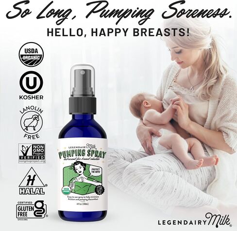 Legendairy Milk Organic Pumping Spray, Lanolin-Free Breast Lubricant, 4 oz | USDA Organic pumping spray with oconut and olive oils reduces friction between skin and pump flanges for smoother pumping. in Kuwait