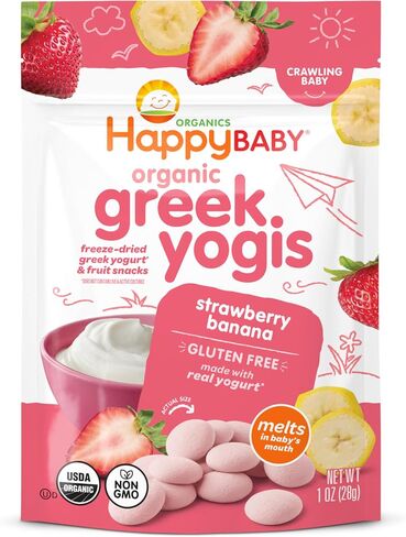 Happy Baby Organics Baby Snacks, Greek Yogis, Freeze Dried Yogurt & Fruit Snacks, Gluten Free Snack for Babies 9+ Months, Strawberry & Banana, 1 Ounce in Kuwait