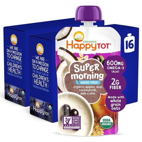 Happy Tot Organics Stage 4 Baby Food Pouches, Gluten Free, Super Morning Fruit & Oat Variety Pack Blend 4 Oz (Pack of 16), Amazon Exclusive in Kuwait