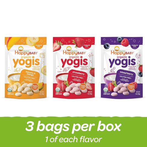 Happy Baby Organics Yogis Freeze-Dried Yogurt & Fruit Snacks, 3 Flavor Variety Pack, 1 Ounce (Pack of 3) in Kuwait