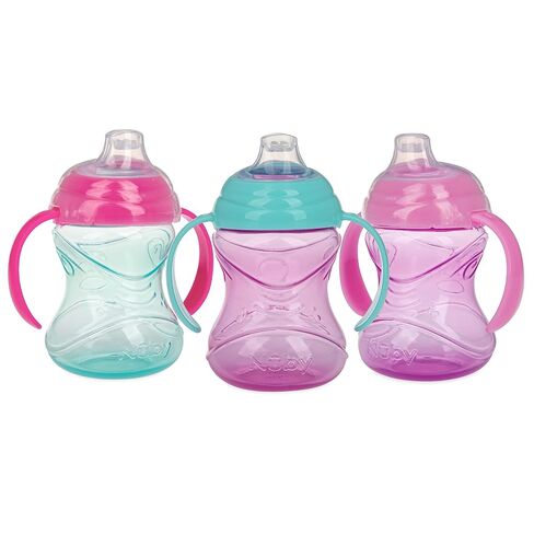 Nuby Clik-It Grip N' Sip Soft Spout No-Spill Training Sippy Cup with Handles - (3-Pack) 10 oz - 4+ Months - Aqua/Purple/Pink in Kuwait