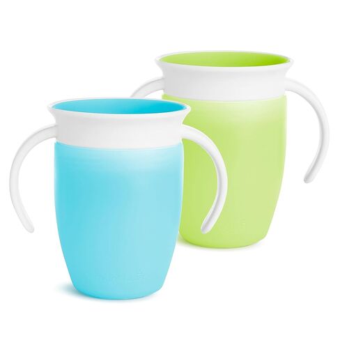 Munchkin Miracle 360 Sippy Cup for 6 Month Old, Spill Proof Baby and Toddler Cups with Transition Handles, 7 Ounce, 2 Pack, Blue/Green in Kuwait