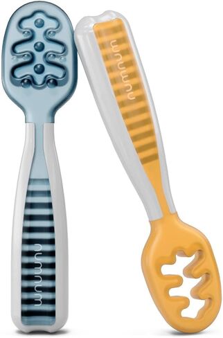 NumNum Baby Spoons Set, Baby Essentials Pre-Spoon GOOtensils for 6+ Months, First Stage Self-Feeding Spoons for Baby Led Weaning (BLW), Silicone Toddler Utensils, BPA-Free, 2 Pack Blue/Orange in Kuwait