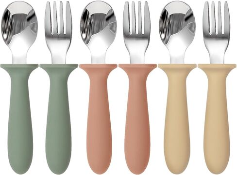 Eascrozn Toddler Utensils, 6 Pack kids Silverware Set with Silicone Handle, 18/8 Stainless Steel Children Safe Forks and Spoons, Dishwasher Safe in Kuwait