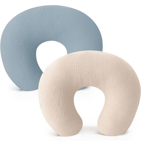 Konssy 2-Pack 100% Cotton Muslin Nursing Pillow Covers, Soft Cover for Baby | Covers Only, Breastfeeding Pillows Slipcovers for Baby Boys & Girls, Hidden Zipper, Machine Washable, (Fog Green, Cream) in Kuwait