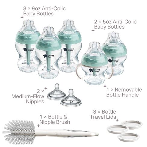 Tommee Tippee Advanced Anti-Colic Bottle, Warmer & Pacifier Set, 0m+ | 14 Pieces, 5 BPA Free Bottles, Travel Bottle Warmer, 2 Newborn Pacifiers, 2 Extra Nipples, Cleaning Brush, Bottle Handles in Kuwait
