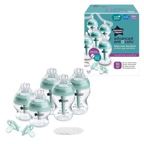 Tommee Tippee Advanced Anti-Colic Bottle, Warmer & Pacifier Set, 0m+ | 14 Pieces, 5 BPA Free Bottles, Travel Bottle Warmer, 2 Newborn Pacifiers, 2 Extra Nipples, Cleaning Brush, Bottle Handles in Kuwait