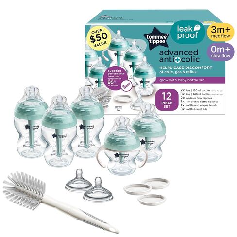 Tommee Tippee Advanced Anti-Colic Bottle, Warmer & Pacifier Set, 0m+ | 14 Pieces, 5 BPA Free Bottles, Travel Bottle Warmer, 2 Newborn Pacifiers, 2 Extra Nipples, Cleaning Brush, Bottle Handles in Kuwait