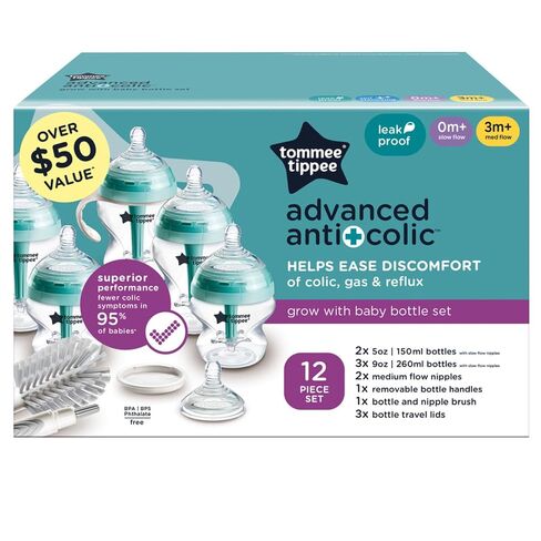Tommee Tippee Advanced Anti-Colic Bottle, Warmer & Pacifier Set, 0m+ | 14 Pieces, 5 BPA Free Bottles, Travel Bottle Warmer, 2 Newborn Pacifiers, 2 Extra Nipples, Cleaning Brush, Bottle Handles in Kuwait
