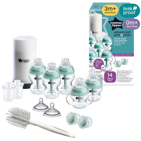 Tommee Tippee Advanced Anti-Colic Bottle, Warmer & Pacifier Set, 0m+ | 14 Pieces, 5 BPA Free Bottles, Travel Bottle Warmer, 2 Newborn Pacifiers, 2 Extra Nipples, Cleaning Brush, Bottle Handles in Kuwait