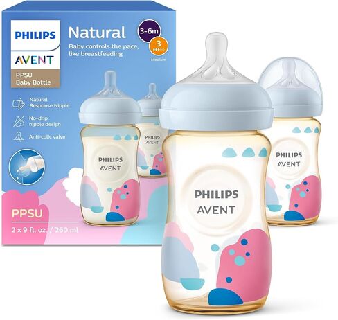 Philips Avent PPSU Natural Baby Bottles - with Medium Flow Nipples (Flow 3), 9oz, 2-Pack, SCY943/12 in Kuwait