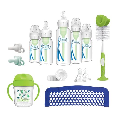 Dr. Brown's Natural Flow Anti-Colic Options+ First Year Feeding Set with Newborn Baby Bottles, Soft Spout Transition Cup, Bottle Cleaning Brush & 100% Silicone HappyPaci Pacifier, 0m+ in Kuwait