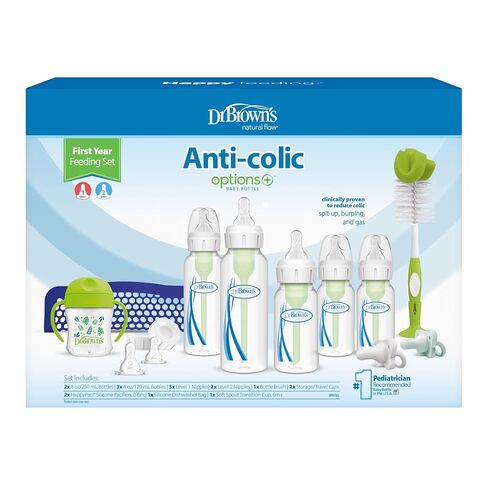 Dr. Brown's Natural Flow Anti-Colic Options+ First Year Feeding Set with Newborn Baby Bottles, Soft Spout Transition Cup, Bottle Cleaning Brush & 100% Silicone HappyPaci Pacifier, 0m+ in Kuwait
