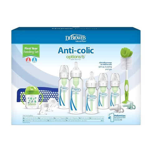 Dr. Brown's Natural Flow Anti-Colic Options+ First Year Feeding Set with Newborn Baby Bottles, Soft Spout Transition Cup, Bottle Cleaning Brush & 100% Silicone HappyPaci Pacifier, 0m+ in Kuwait