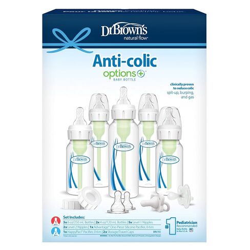 Dr. Brown's Natural Flow Anti-Colic Options+ Narrow Baby Bottle Gift Set with Advantage Pacifier & Bottle Travel Caps, 0m+ in Kuwait