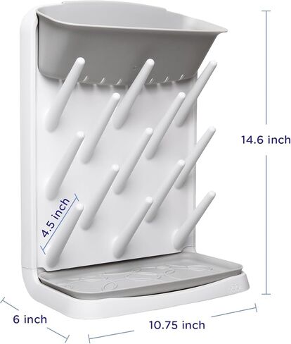 Ubbi Vertical Baby Bottle Drying Rack, Space Saving Countertop Bottle Dryer | 13-Peg Bottle Drying Rack Removable Drain Tray, Baby Organizer for Pump Parts, Pacifiers & Accessories, Dishwasher Safe, Gray in Kuwait