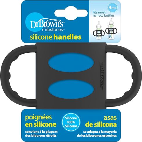 Dr. Brown's Narrow Baby Bottle Handles, 100% Silicone, Easy Grip Removable Handles for Bottle to Sippy Cup Transition, Blue/Gray/Green, 3-Pack, 4m+ in Kuwait