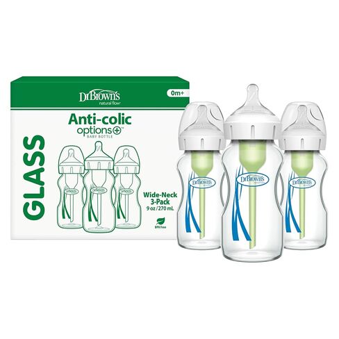 Dr. Brown's Natural Flow Anti-Colic Options+ Wide-Neck Glass Baby Bottles 5 oz/150 mL, with Level 1 Slow Flow Nipple, 3 Pack, 0m+ in Kuwait