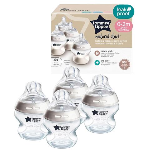 Tommee Tippee Natural Start Baby Bottles, Anti-Colic, 0m+, 5oz | Pack of 4, Slow Flow Breast-Like Nipple, Self-Sterilizing, Seamless Bottle-to-Breast Transition, BPA Free in Kuwait
