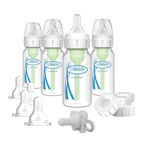 Dr. Brown's Anti-Colic Baby Feeding Set with Slow Flow Nipples, Travel Caps, Silicone Pacifier - Pink in Kuwait