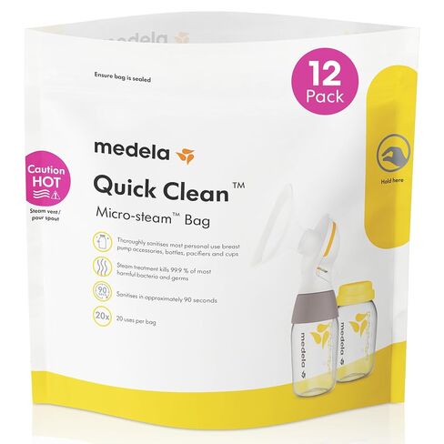 Medela Quick Clean Microwave Sterilizer Bags for Bottles and Breast Pump Parts, Reusable Up to 20 Times Per Bag, Food-Grade Material, Made Without BPA, Pack of 12 in Kuwait