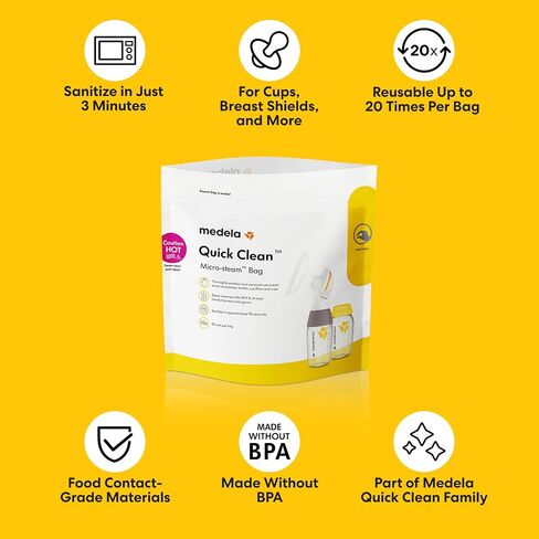 Medela Quick Clean Microwave Sterilizer Bags for Bottles and Breast Pump Parts, Reusable Up to 20 Times Per Bag, Food-Grade Material, Made Without BPA, Pack of 12 in Kuwait