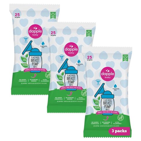 Breast Pump Wipes by Dapple Baby, Hypoallergenic & Powered by Plants, Removes Milk Residue, Leaves No Taste, Convenient Wipes Pouch, Fragrance Free, 25 Count (Pack of 1) in Kuwait