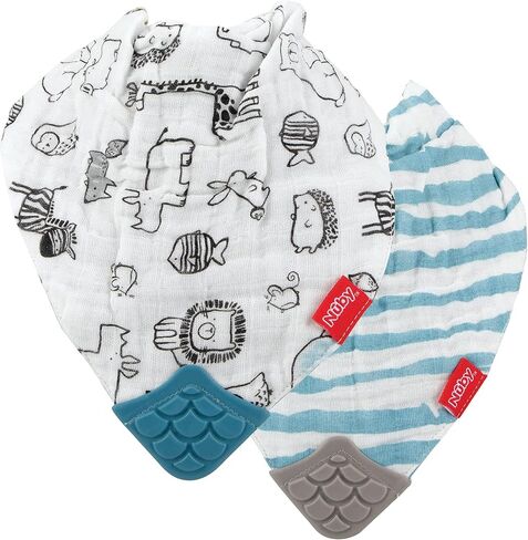 Nuby 100% Natural Cotton Muslin Bib - Bib with Teething Corner (2-Pack) 3+ Months - Zoo in Kuwait