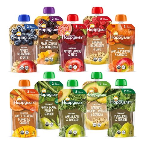 Happy Baby Organics Stage 2 Baby Food Pouches, Gluten Free, Vegan & Healthy Snack, Clearly Crafted Fruit & Veggie Puree, Fruit & Veggie Variety Pack, 4 Ounces (Pack of 10), Amazon Exclusive in Kuwait