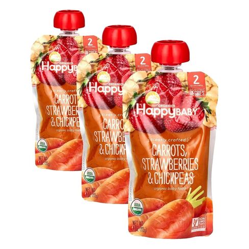 Happy Baby Organics Stage 2 Baby Food Pouches, Gluten Free, Vegan & Healthy Snack, Clearly Crafted Fruit & Veggie Puree, Bananas, Raspberries & Oats, 4 Ounces (Pack of 1) in Kuwait