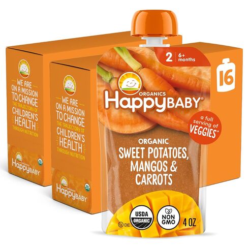 Happy Baby Organics Stage 2 Baby Food Pouches, Gluten Free, Vegan & Healthy Snack, Clearly Crafted Fruit & Veggie Puree, Bananas, Raspberries & Oats, 4 Ounces (Pack of 16) in Kuwait