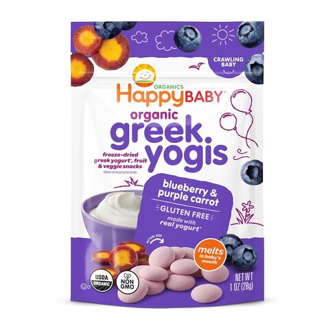 Happy Baby Organics Baby Snacks, Greek Yogis, Freeze Dried Yogurt &Veggie Fruit Snacks, Gluten Free Snack for Babies 9+ Months, Blueberry & Purple Carrot, 1 Ounce in Kuwait