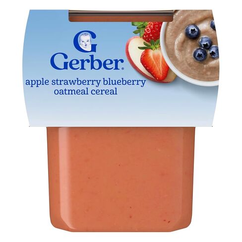 Gerber Stage 2 Apple Strawberry Blueberry with Oatmeal, 4 Oz, 16 Pack | Stage 2 baby cereal with mixed grain; apple strawberry blueberry with oatmeal; 8 x 4 oz tubs in Kuwait