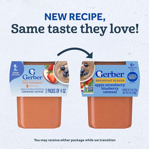 Gerber Stage 2 Apple Strawberry Blueberry with Oatmeal, 4 Oz, 16 Pack | Stage 2 baby cereal with mixed grain; apple strawberry blueberry with oatmeal; 8 x 4 oz tubs in Kuwait