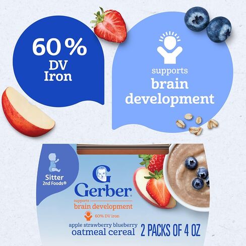 Gerber Stage 2 Apple Strawberry Blueberry with Oatmeal, 4 Oz, 16 Pack | Stage 2 baby cereal with mixed grain; apple strawberry blueberry with oatmeal; 8 x 4 oz tubs in Kuwait