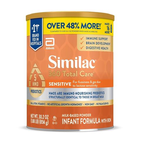 Similac 360 Total Care Sensitive Baby Formula Powder, 5 HMO Prebiotic Blend | Infant formula for babies with lactose sensitivity; immune system, brain development & digestive health support, 20.1 oz tub in Kuwait