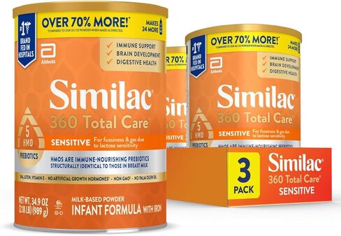 Similac 360 Total Care Sensitive Baby Formula Powder, 5 HMO Prebiotic Blend | Infant formula for babies with lactose sensitivity; immune system, brain development & digestive health support, 34.9 oz, 3pk in Kuwait