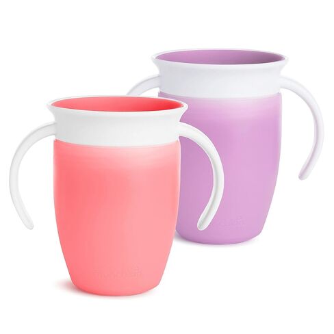 Munchkin Miracle 360 Sippy Cup for 6 Month Old, Spill Proof Baby and Toddler Cups with Transition Handles, 7 Ounce, 2 Pack, Pink/Purple in Kuwait