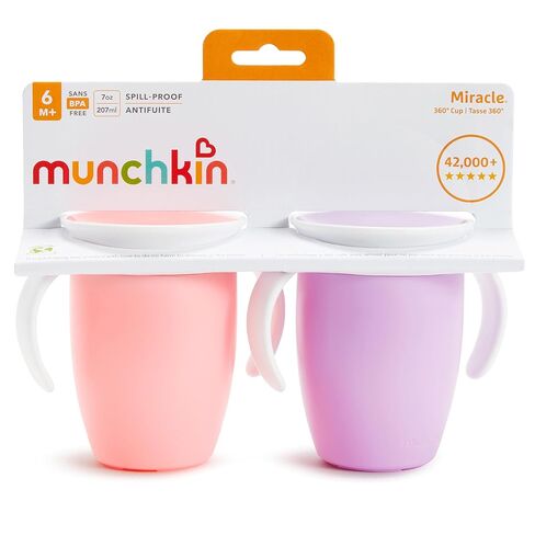 Munchkin Miracle 360 Sippy Cup for 6 Month Old, Spill Proof Baby and Toddler Cups with Transition Handles, 7 Ounce, 2 Pack, Pink/Purple in Kuwait