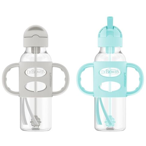 Dr. Brown's Milestones Narrow Sippy Straw Bottle, Spill-Proof with 100% Silicone Handles and Weighted Straw, 8 oz/250 mL, Gray & Green, 6m+ in Kuwait