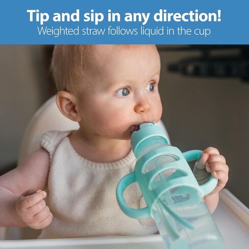 Dr. Brown's Milestones Narrow Sippy Straw Bottle, Spill-Proof with 100% Silicone Handles and Weighted Straw, 8 oz/250 mL, Gray & Green, 6m+ in Kuwait