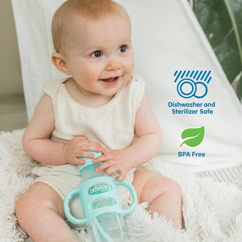 Dr. Brown's Milestones Narrow Sippy Straw Bottle, Spill-Proof with 100% Silicone Handles and Weighted Straw, 8 oz/250 mL, Gray & Green, 6m+ in Kuwait