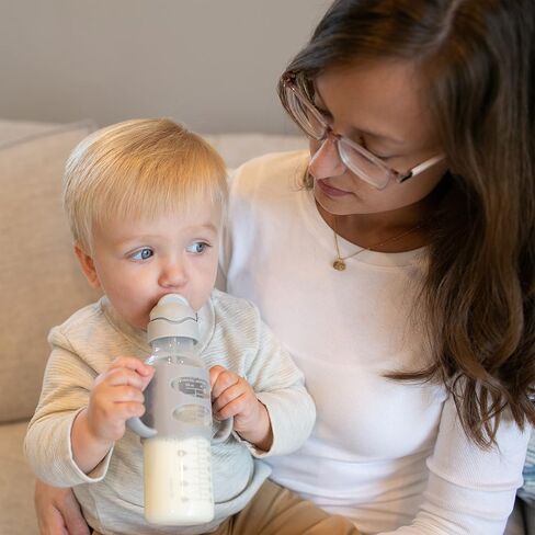 Dr. Brown's Milestones Narrow Sippy Straw Bottle, Spill-Proof with 100% Silicone Handles and Weighted Straw, 8 oz/250 mL, Gray & Green, 6m+ in Kuwait