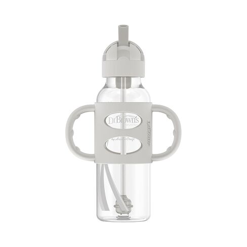 Dr. Brown's Milestones Narrow Sippy Straw Bottle, Spill-Proof with 100% Silicone Handles and Weighted Straw, 8 oz/250 mL, Gray & Green, 6m+ in Kuwait