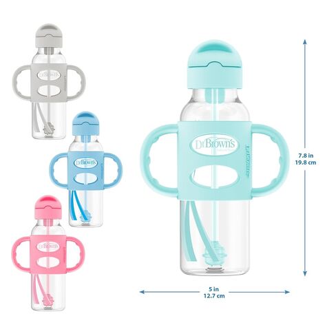 Dr. Brown's Milestones Narrow Sippy Straw Bottle, Spill-Proof with 100% Silicone Handles and Weighted Straw, 8 oz/250 mL, Gray & Green, 6m+ in Kuwait
