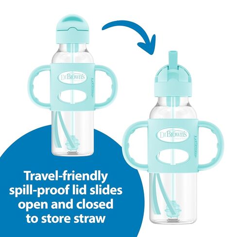 Dr. Brown's Milestones Narrow Sippy Straw Bottle, Spill-Proof with 100% Silicone Handles and Weighted Straw, 8 oz/250 mL, Gray & Green, 6m+ in Kuwait